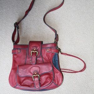 BCBGirls Red leather crossbody denim bag